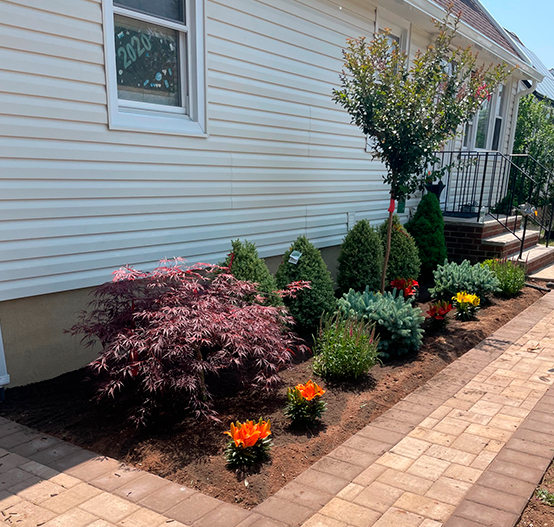 Garden with brick path and warm colors